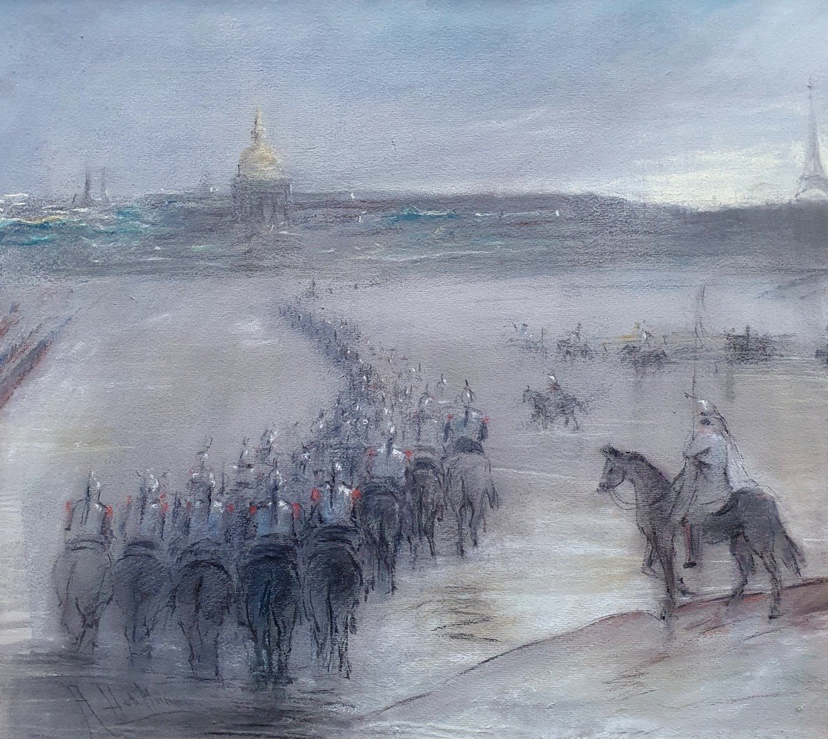 Parade Of Cuirassiers In Front Of The Invalides And The Eiffel Tower Paris Pastel Military