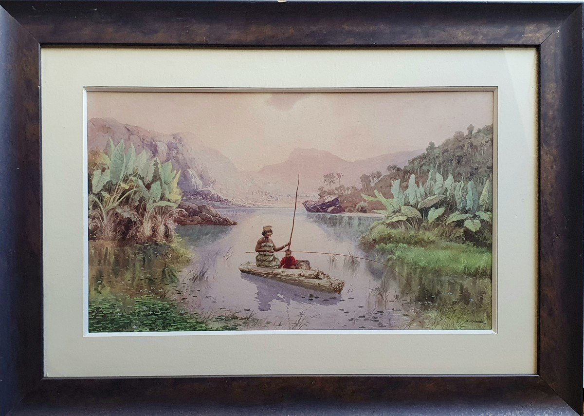 Emile Ralambo Scène Animée Lac à Madagascar Aquarelle Et Gouache Début XXème Siècle-photo-2