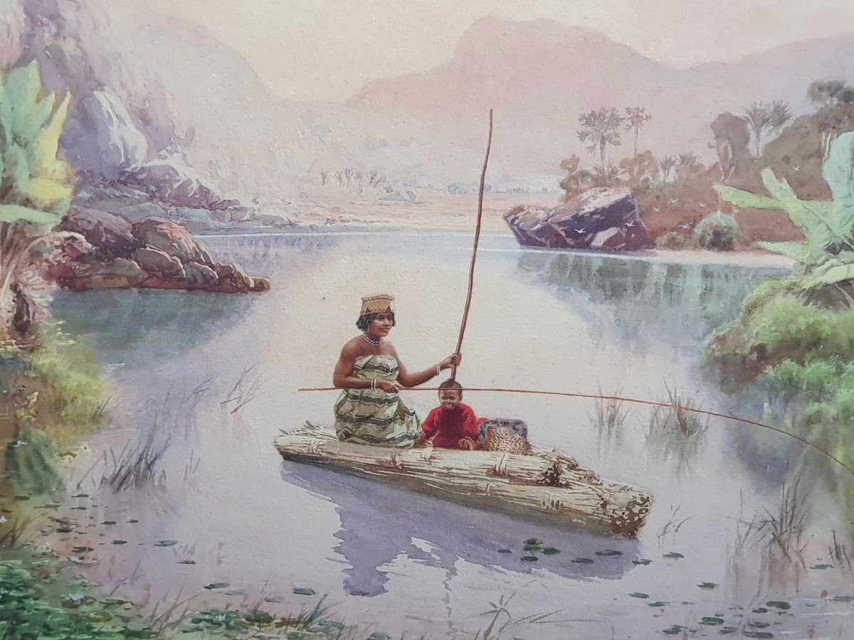 Emile Ralambo Scène Animée Lac à Madagascar Aquarelle Et Gouache Début XXème Siècle-photo-3
