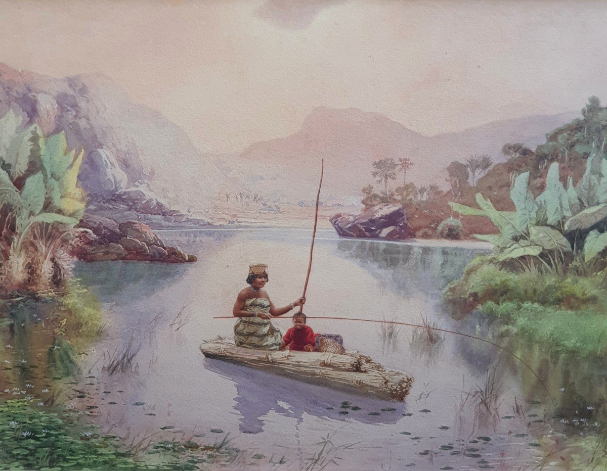 Emile Ralambo Scène Animée Lac à Madagascar Aquarelle Et Gouache Début XXème Siècle-photo-4