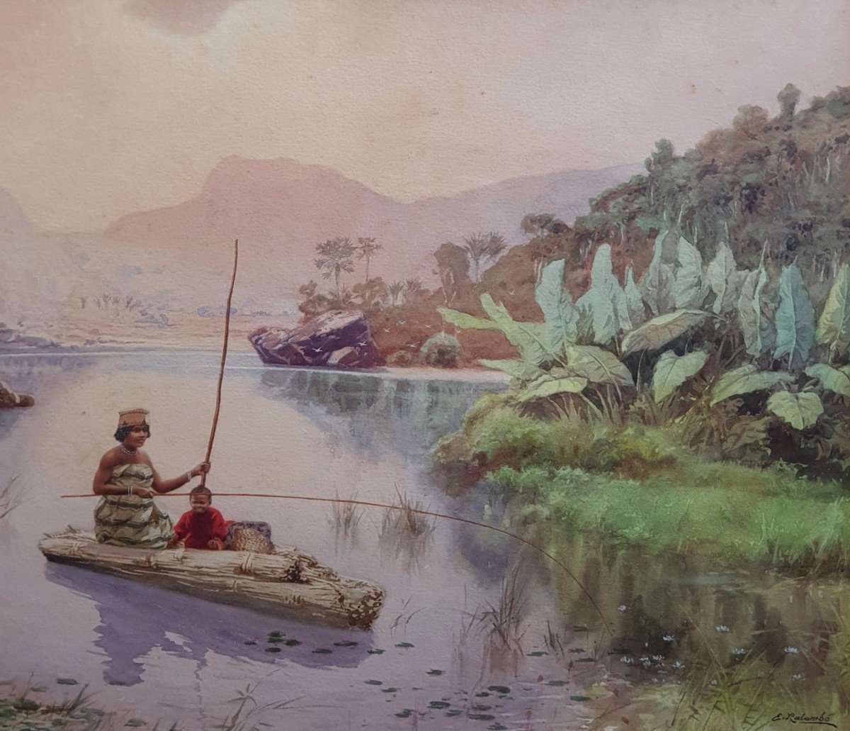 Emile Ralambo Scène Animée Lac à Madagascar Aquarelle Et Gouache Début XXème Siècle-photo-1