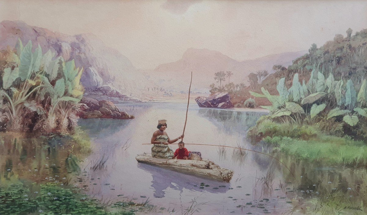 Emile Ralambo Scène Animée Lac à Madagascar Aquarelle Et Gouache Début XXème Siècle