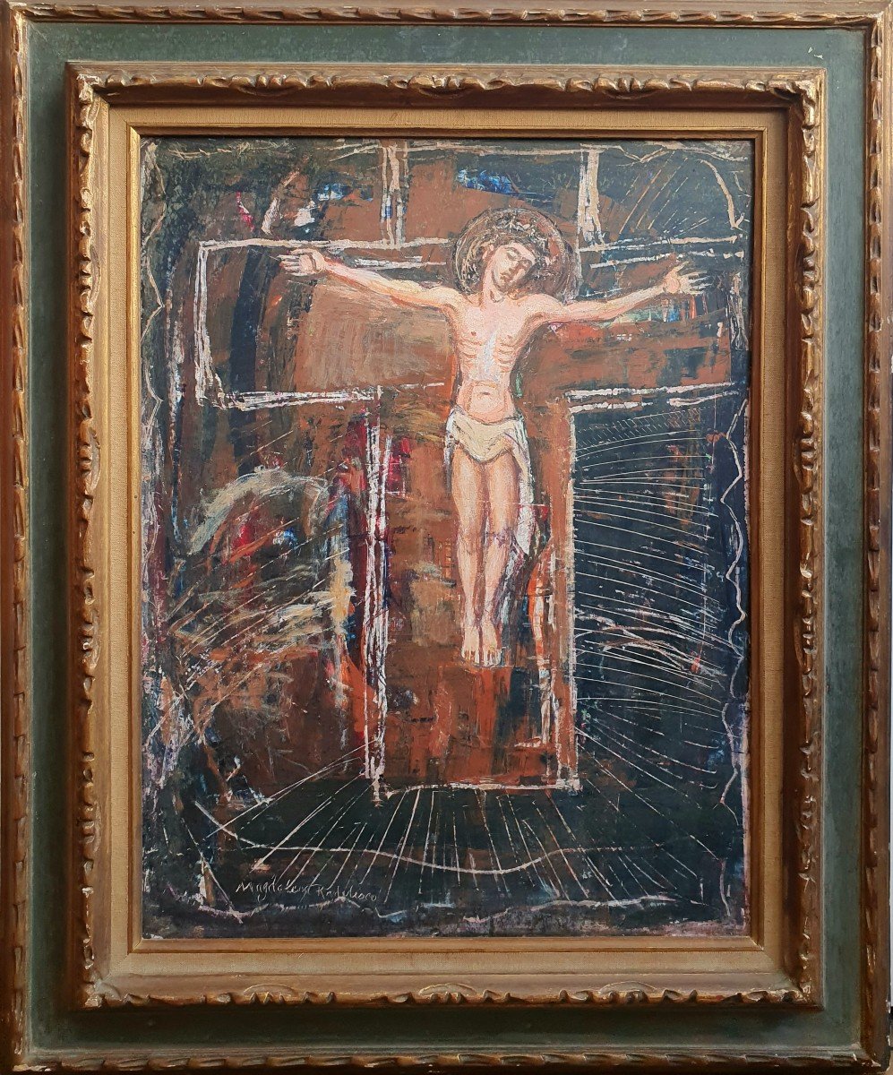 Magdalena Radulescu Christ On The Cross Oil On Cardboard Romanian Artist-photo-2