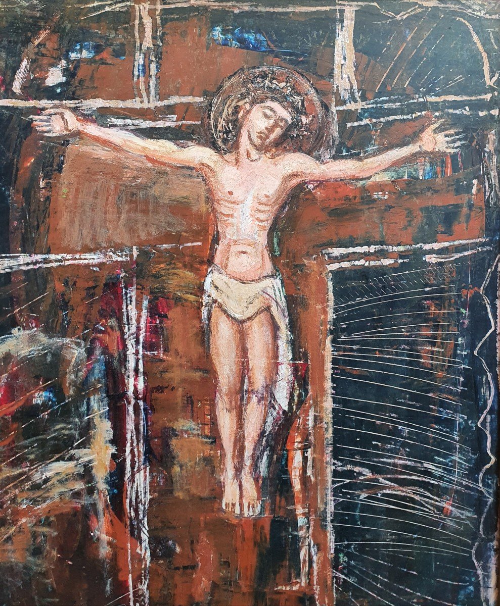 Magdalena Radulescu Christ On The Cross Oil On Cardboard Romanian Artist-photo-3