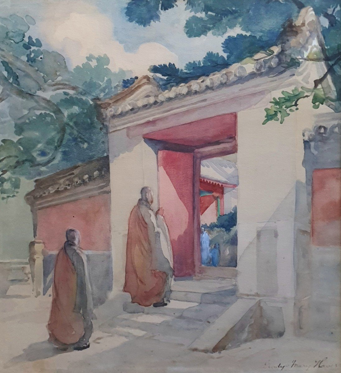 Gladys Mary Havers Temple Bouddhique Au Japon Aquarelle Bouddhisme 