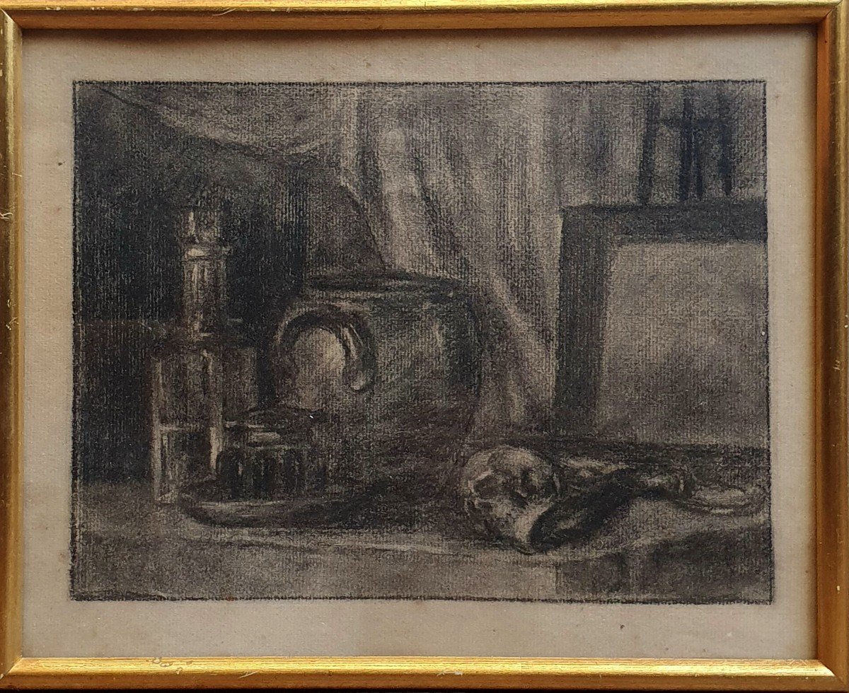 Still Life In An Interior Skull Painting And Bottle Drawing-photo-2