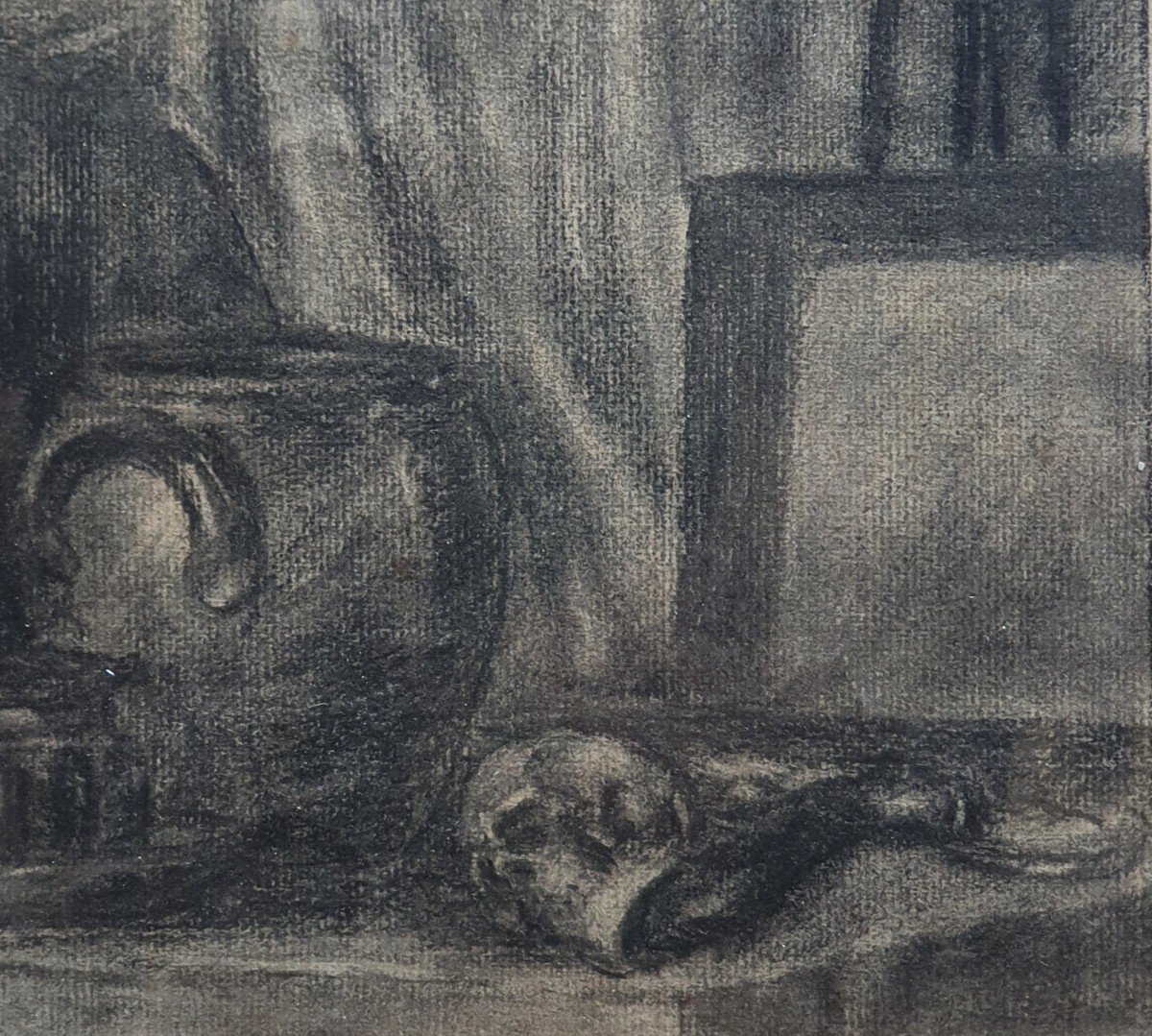 Still Life In An Interior Skull Painting And Bottle Drawing-photo-3