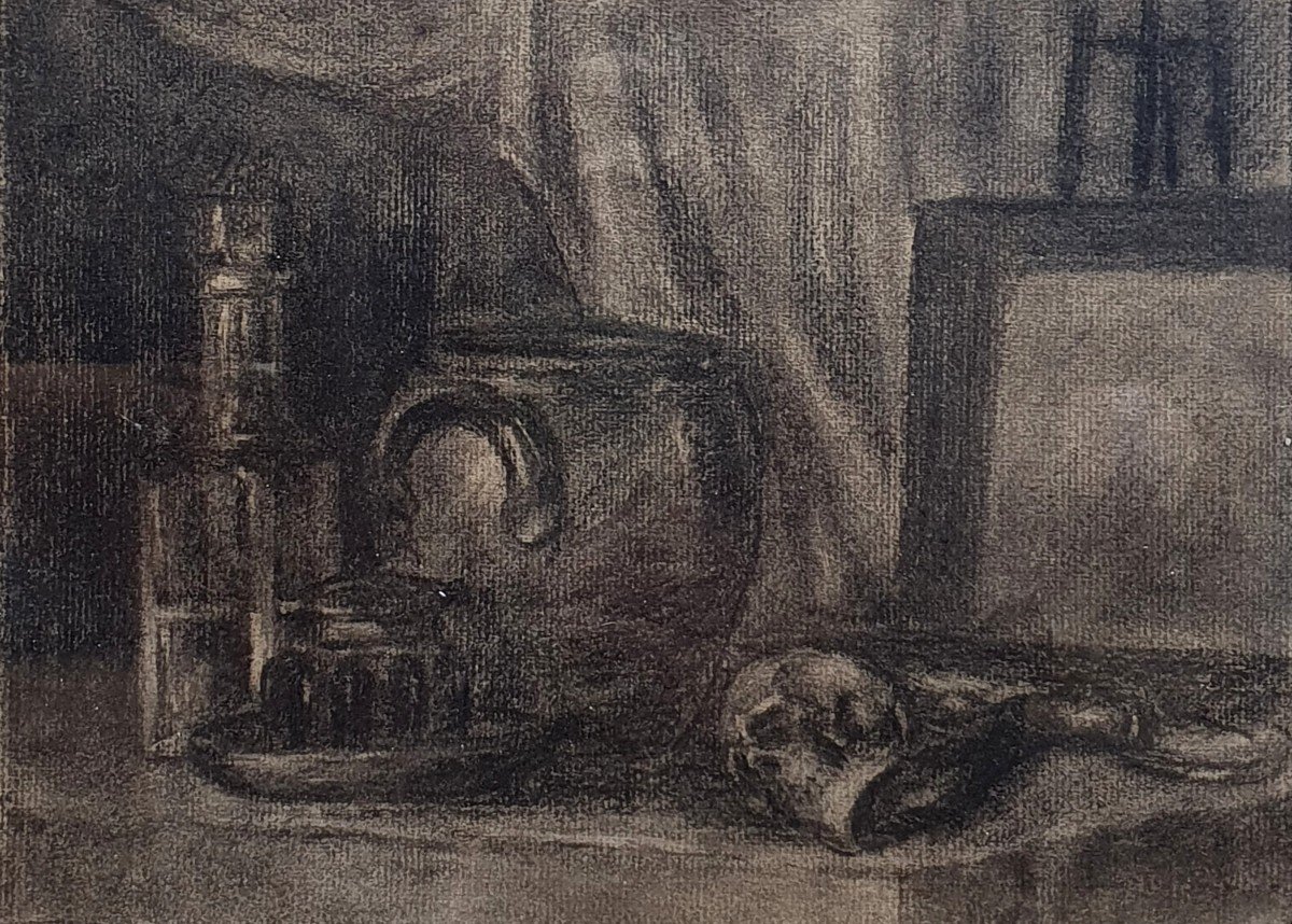Still Life In An Interior Skull Painting And Bottle Drawing