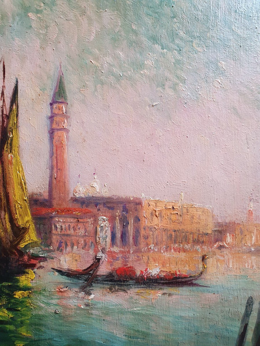 View Of Venice Oil On Panel Around 1900 Beautiful Frame Signed V Cousin-photo-3