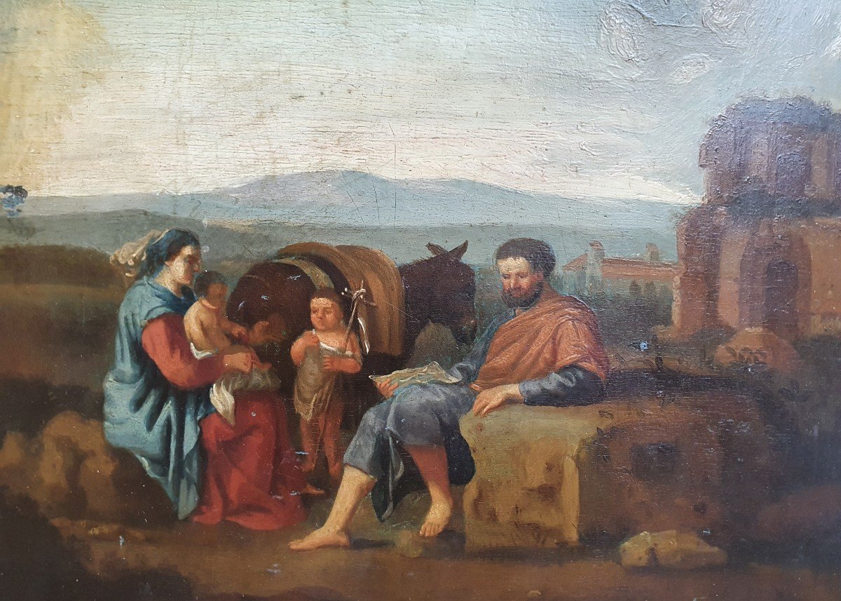 Flight Into Egypt Oil On Panel From The 18th Century Italy Ruins-photo-3
