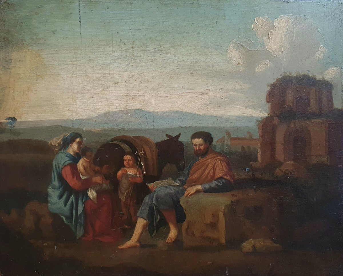 Flight Into Egypt Oil On Panel From The 18th Century Italy Ruins