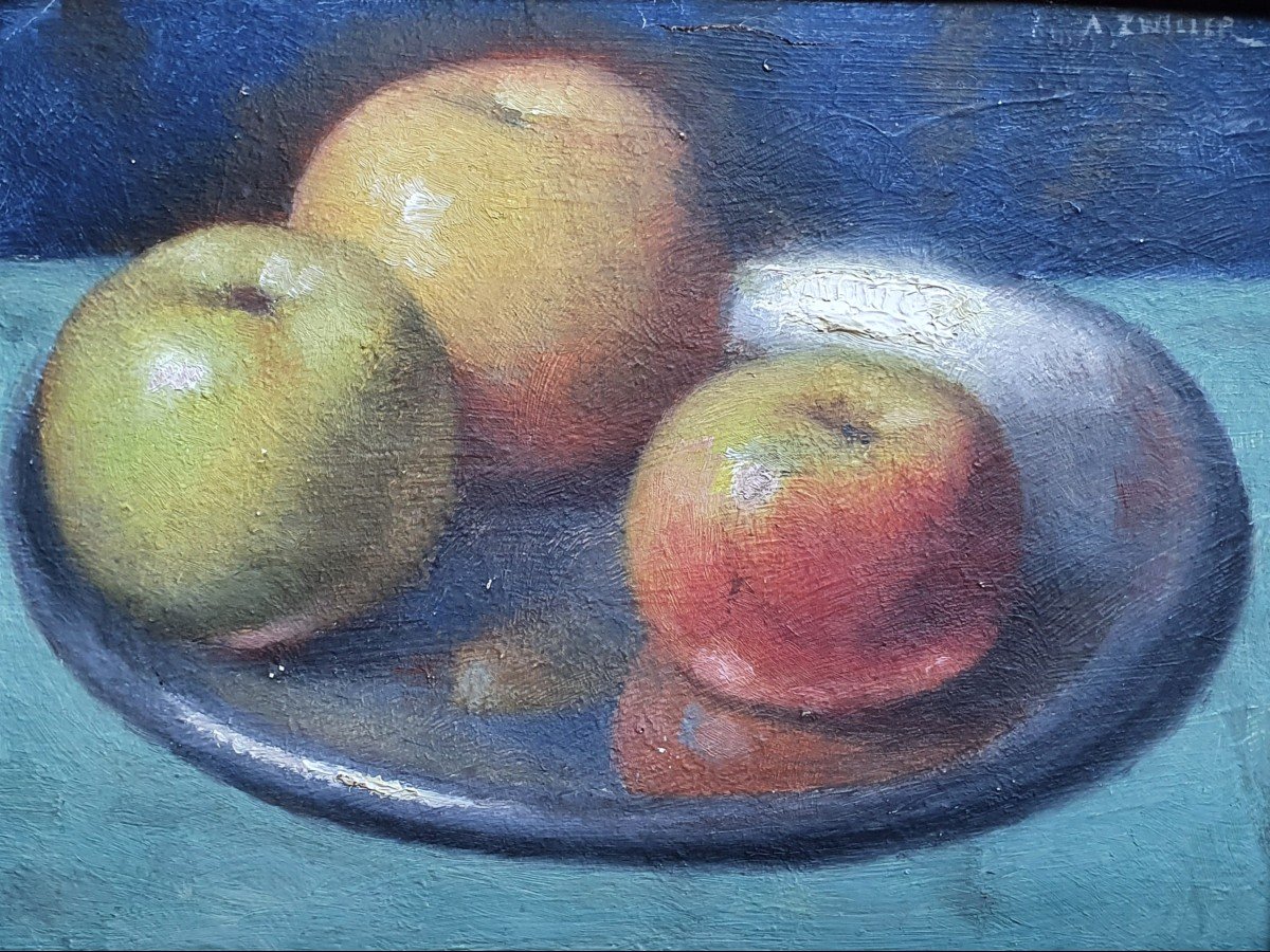 Augustin Zwiller Nature Morte Aux Pommes Huile Sur Carton 
