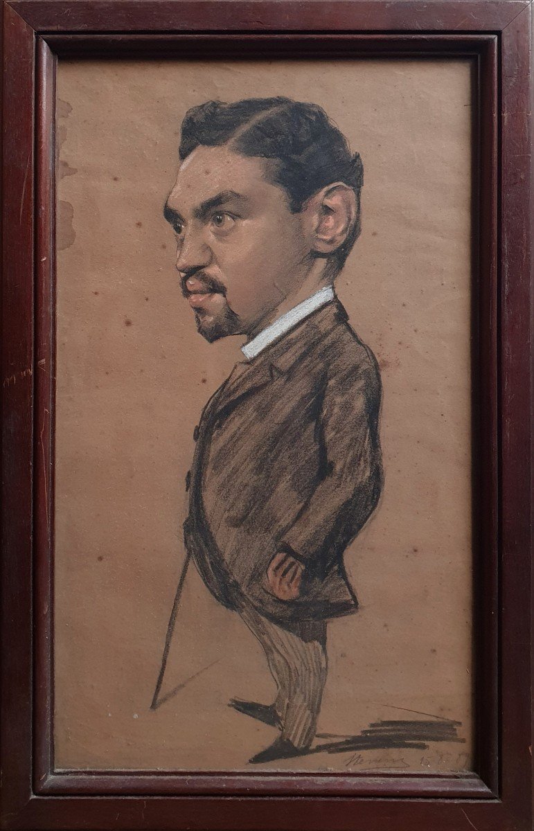 Portrait d'Homme à La Canne Signé Stevens 1889 Caricature -photo-2