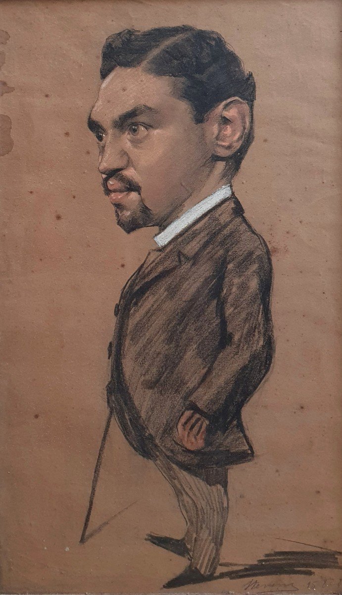Portrait d'Homme à La Canne Signé Stevens 1889 Caricature 