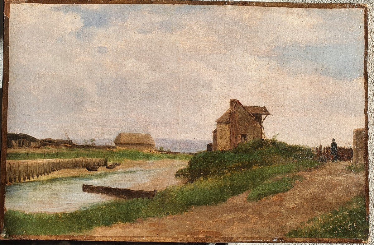 Jules Dupré Harfleur Oil On Paper Normandy 1876-photo-3