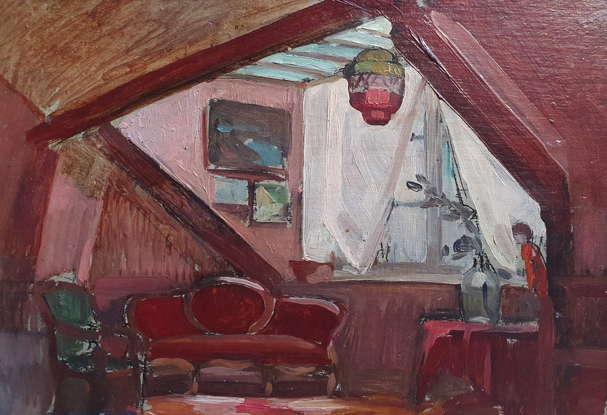 L'interieur d'Un Appartement De Collectionneur Huile Sur Carton Début Du XXème Siècle-photo-3