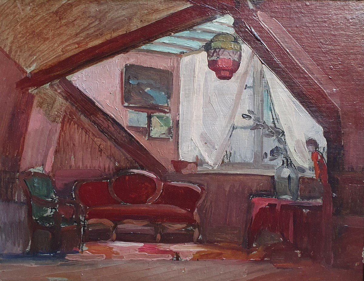L'interieur d'Un Appartement De Collectionneur Huile Sur Carton Début Du XXème Siècle