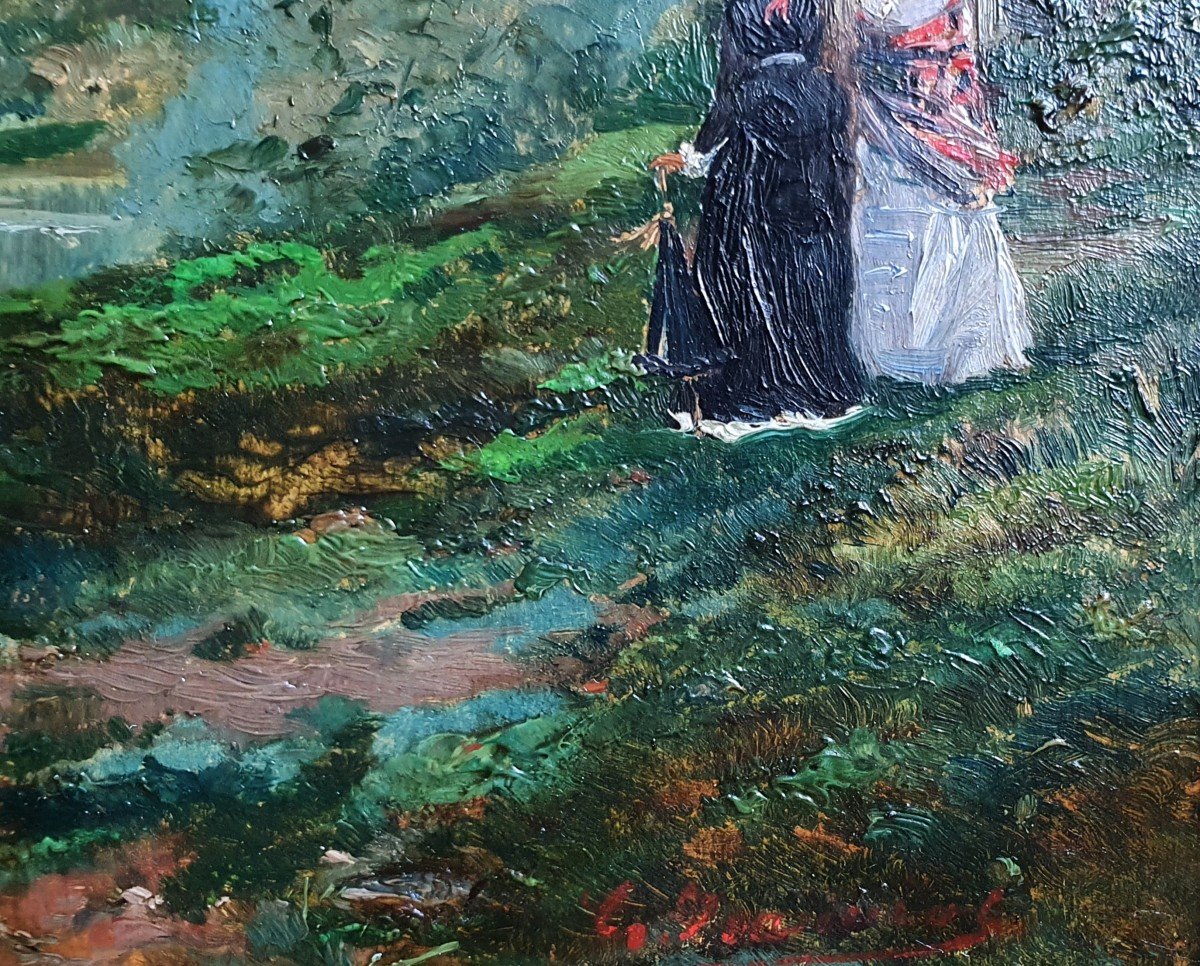 Pierre Georges Jeanniot Femmes Au Bord De La Marne Huile Sur Papier Impressionnisme -photo-1