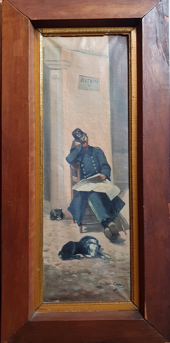 Guardia Civil Gendarme Assoupi Avec Un Chien Et Un Chat Huile Sur Toile Vers 1900 Madrid ?-photo-2