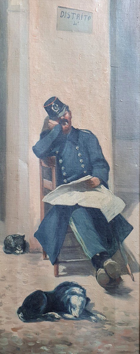 Guardia Civil Gendarme Dozing With A Dog And A Cat Oil On Canvas Circa 1900 Madrid?-photo-3