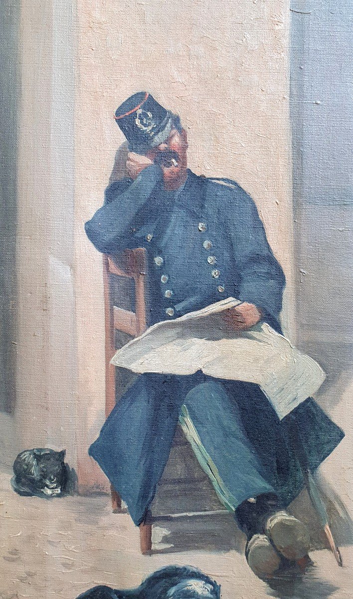 Guardia Civil Gendarme Assoupi Avec Un Chien Et Un Chat Huile Sur Toile Vers 1900 Madrid ?-photo-4