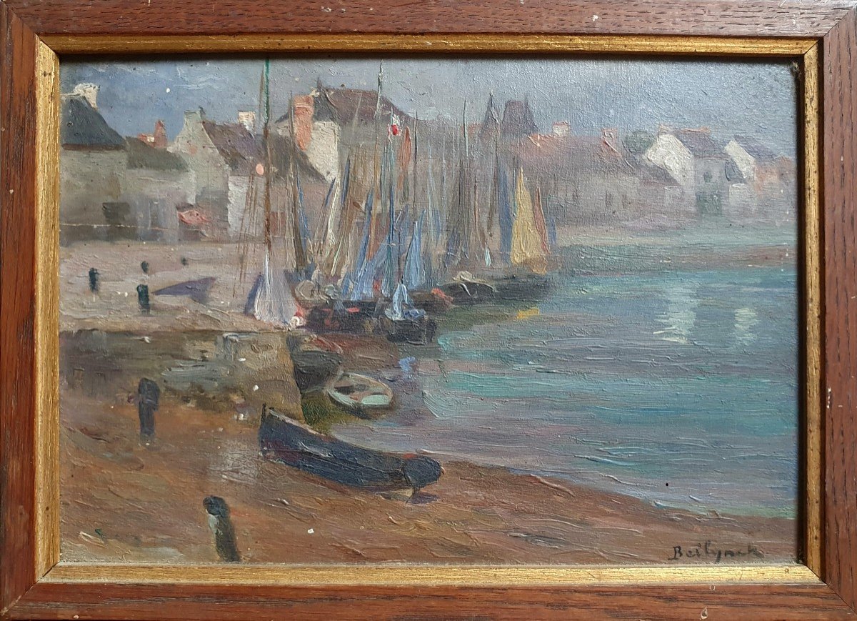 Hubert Emile Bellynck The Port Of Pouliguen Oil Panel Brittany La Baule-photo-2