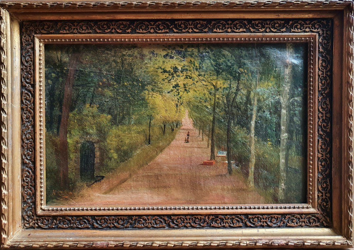 Alley Of Trees At Easel Oil On Canvas Late 19th Century-photo-2