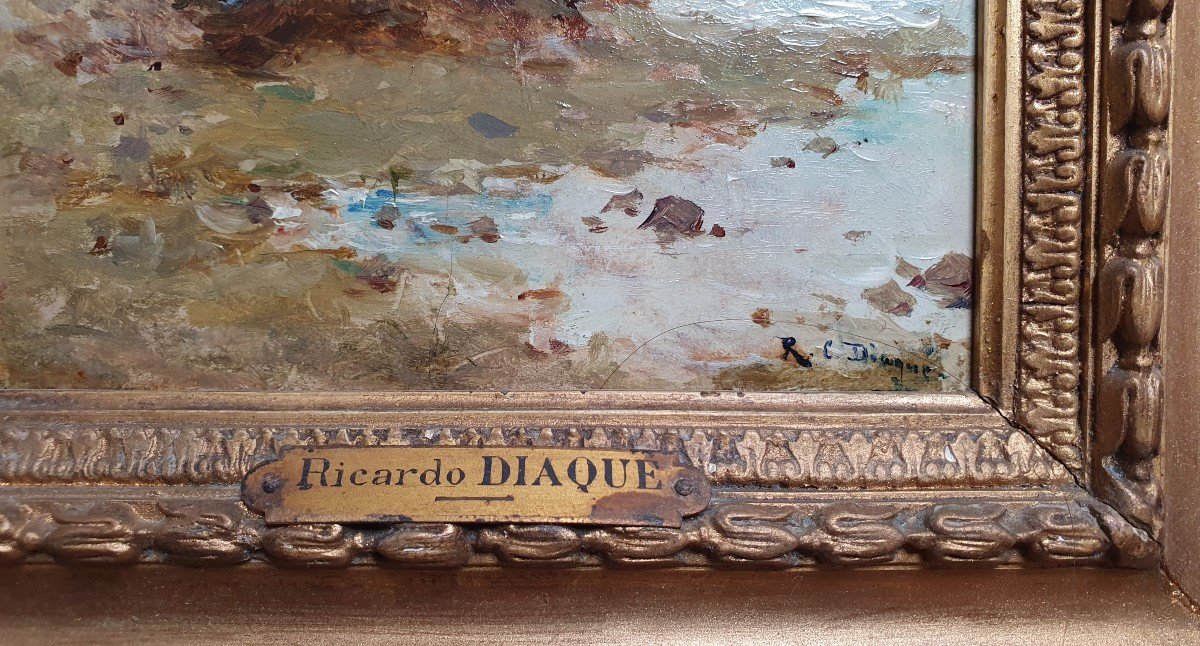 Ricardo Corchon Y Diaqué Elegant With Umbrella By The Sea Oil On Panel Spanish School-photo-1