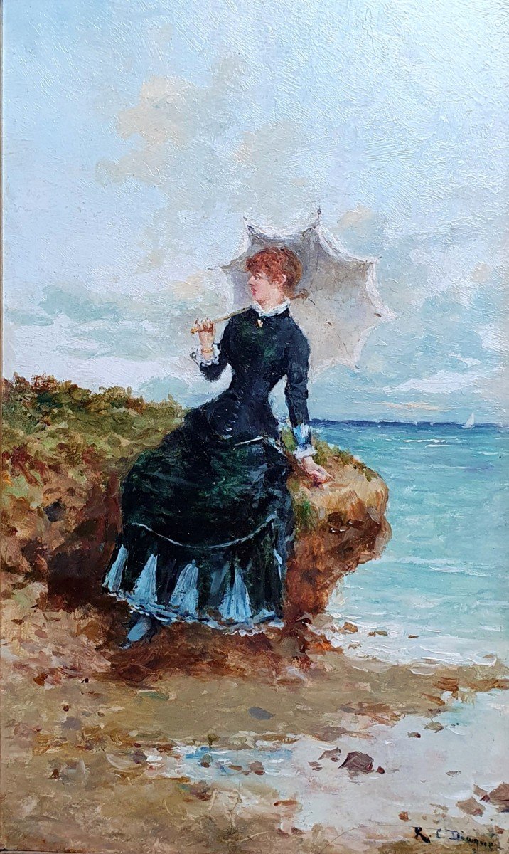 Ricardo Corchon Y Diaqué Elegant With Umbrella By The Sea Oil On Panel Spanish School