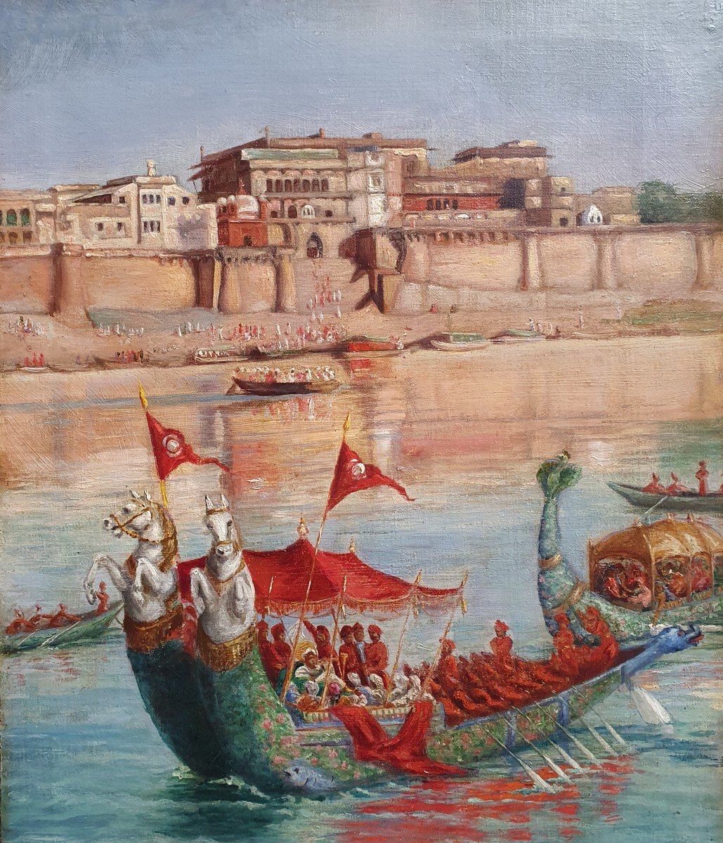 Vue De Bénarès Ou Varanasi Maharaja sur son bateau Le Fort Ramnagar Huile Sur Toile Inde XIXème-photo-2