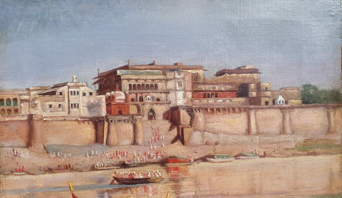 Vue De Bénarès Ou Varanasi Maharaja sur son bateau Le Fort Ramnagar Huile Sur Toile Inde XIXème-photo-1