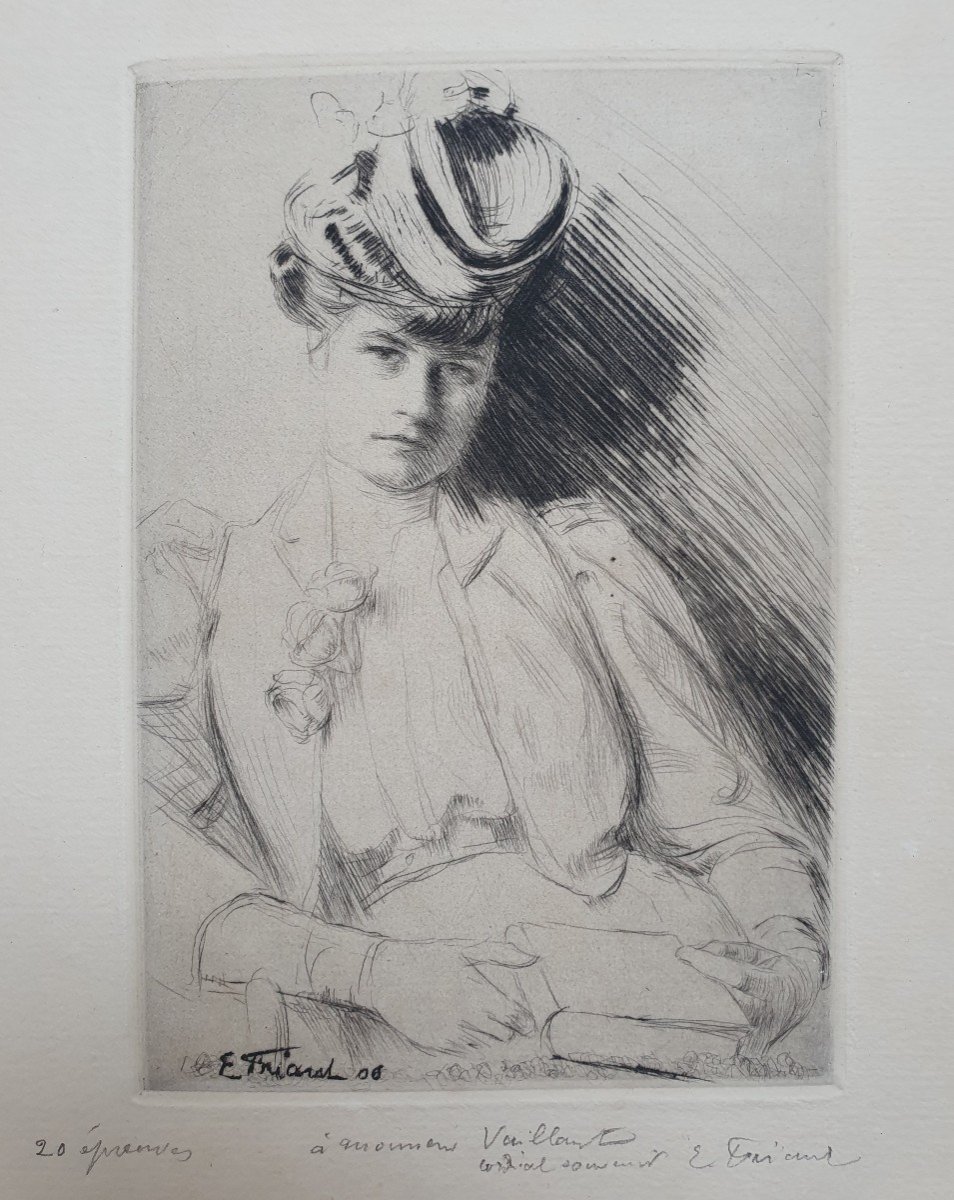 Emile Friant Portrait Of An Elegant Woman In Book Etching Engraving School Of Nancy Signed-photo-2