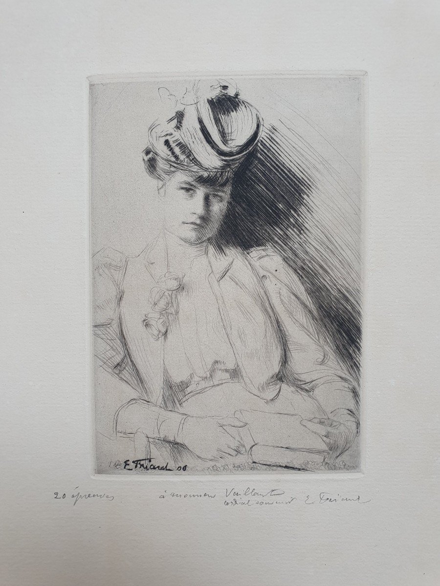 Emile Friant Portrait Of An Elegant Woman In Book Etching Engraving School Of Nancy Signed