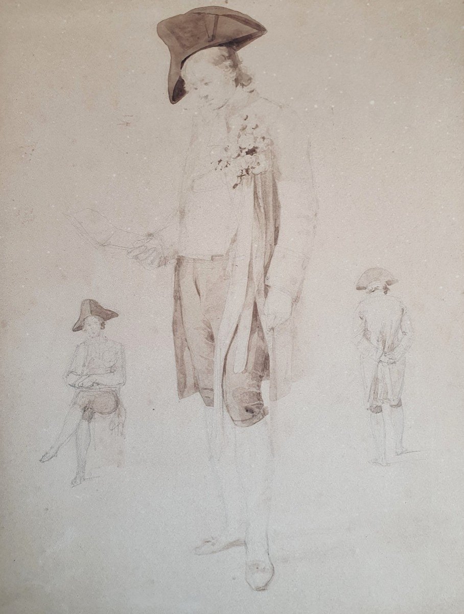 Study Of A Man With A Bicorn Wash And Lead Pencil 19th Century 