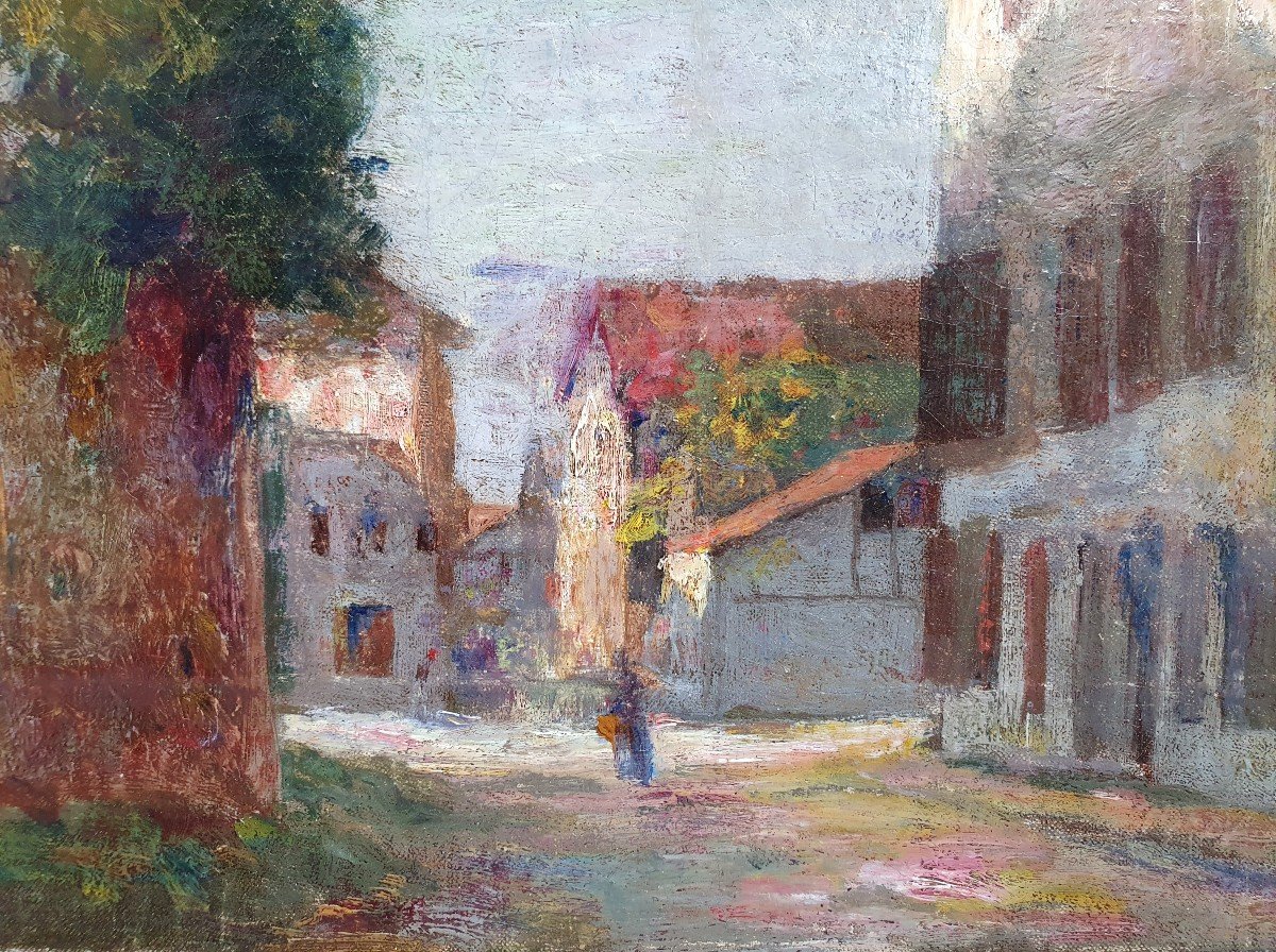 Vue de village animée huile sur toile fin du XIXème siècle Impressionnisme -photo-2