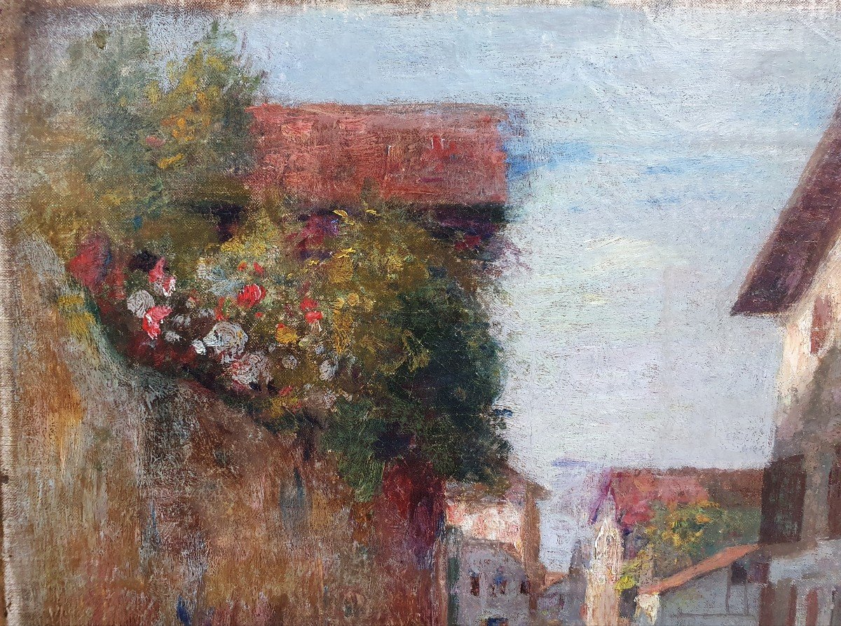 Vue de village animée huile sur toile fin du XIXème siècle Impressionnisme -photo-3