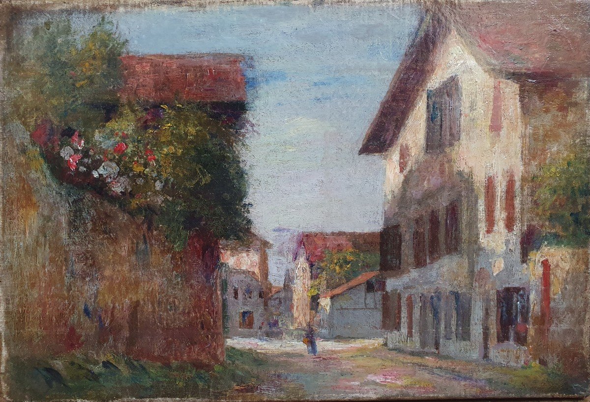 Vue de village animée huile sur toile fin du XIXème siècle Impressionnisme 