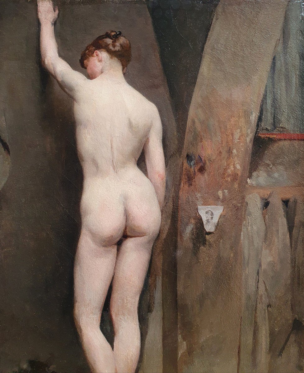 Femme Nue Dans Un Atelier d'Artiste Huile Sur Toile Fin Du XIXème Siècle-photo-2