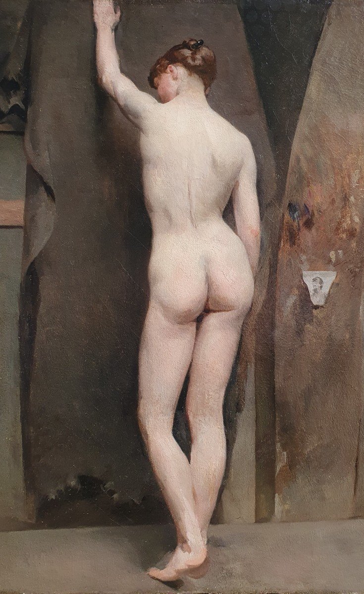 Femme Nue Dans Un Atelier d'Artiste Huile Sur Toile Fin Du XIXème Siècle-photo-3