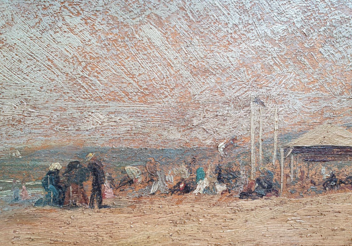 Scène De Plage Animée Huile Sur Panneau Impressionniste Vers 1880  Monogramme Normandie -photo-1