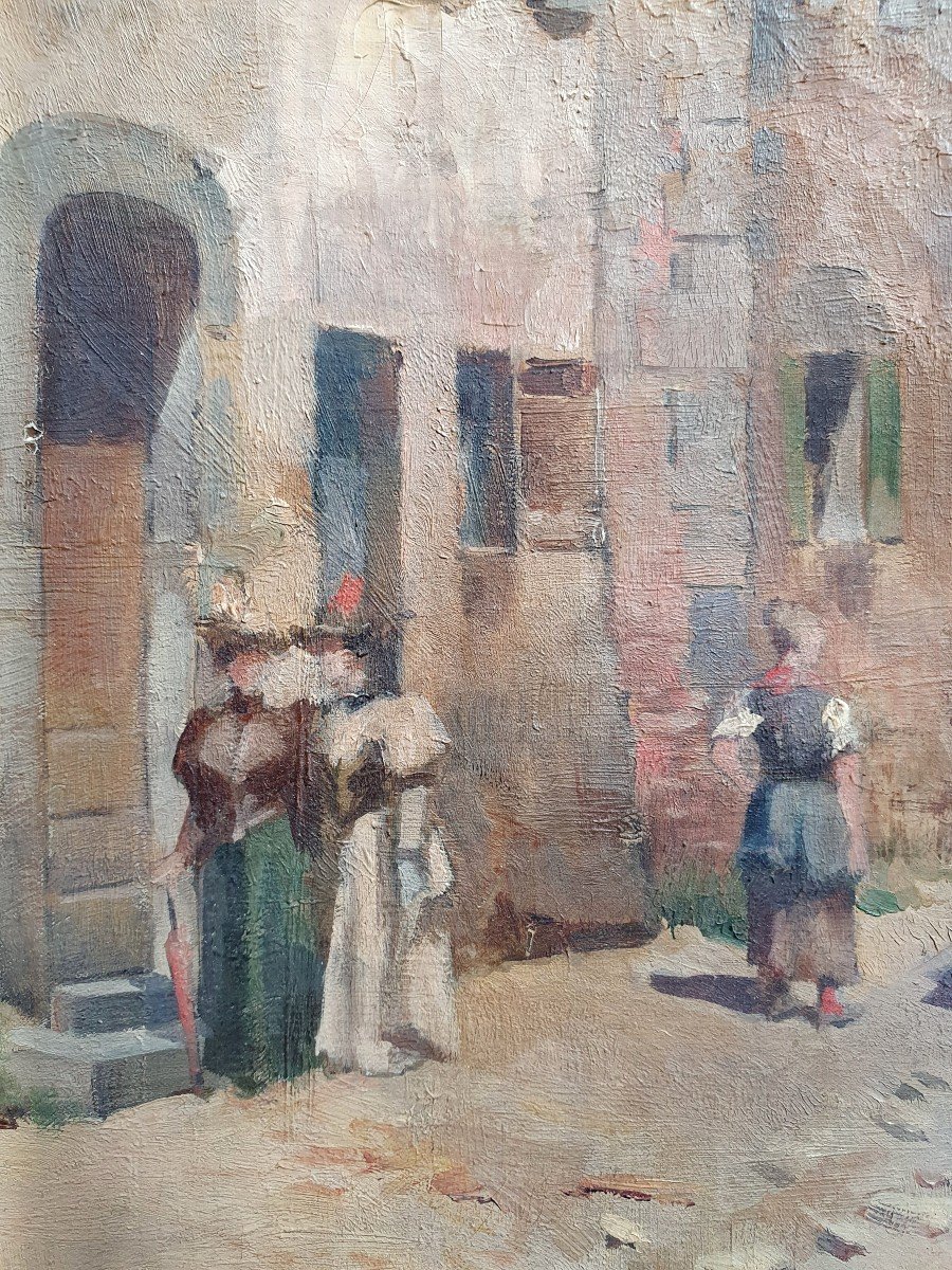 Lively Village Street Scene Oil On Canvas French School Late 19th Century-photo-4