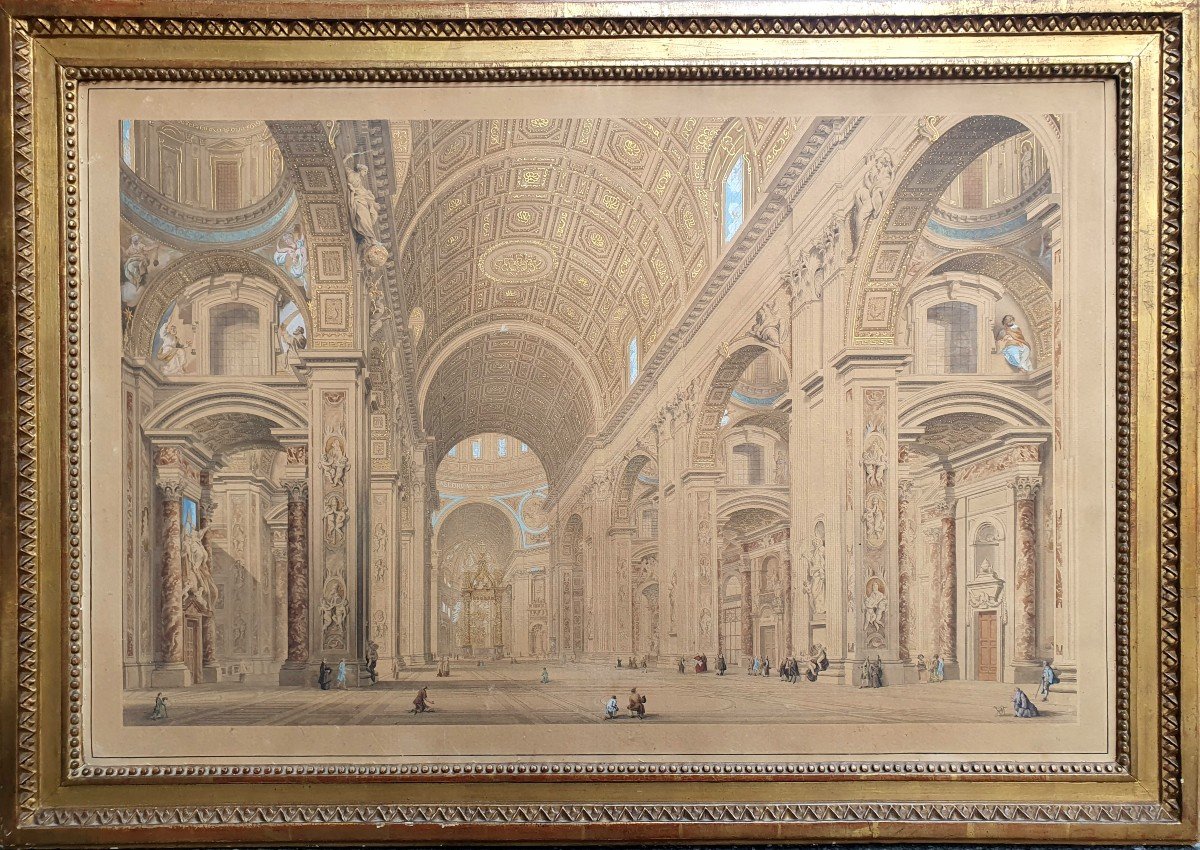 Francesco Pannini Interior Of Saint Peter Vatican Rome Watercolor And Gouache On Engraved Line -photo-2