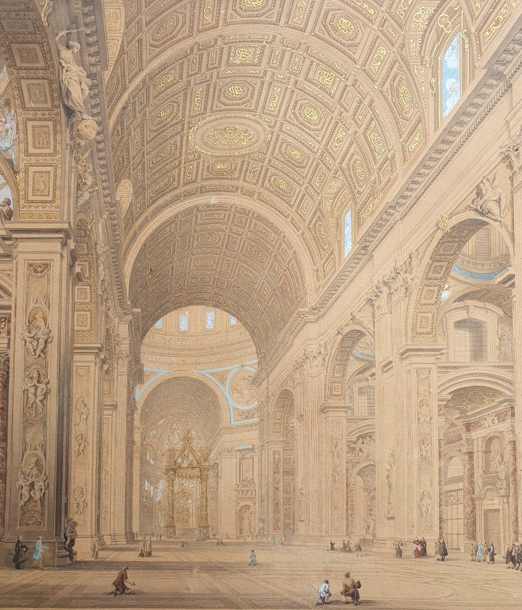 Francesco Pannini Interior Of Saint Peter Vatican Rome Watercolor And Gouache On Engraved Line -photo-3