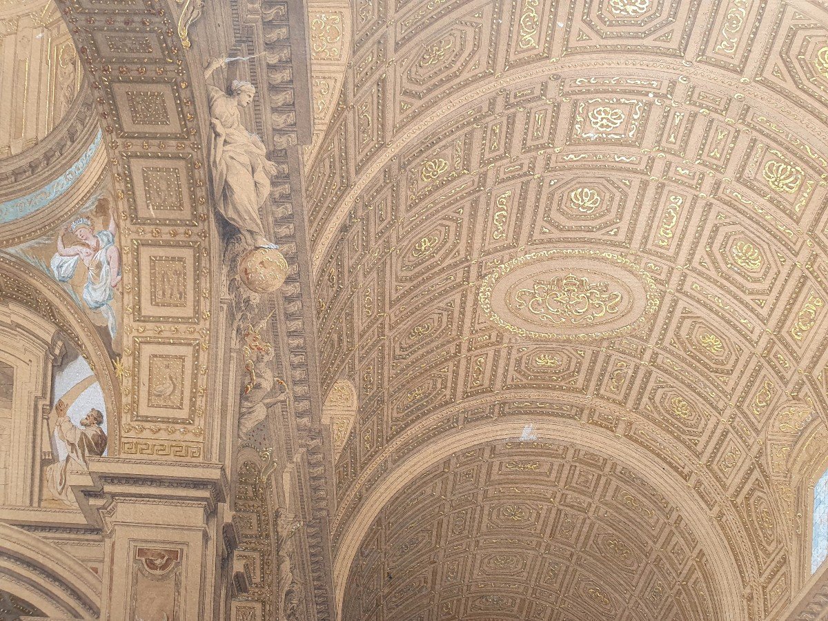 Francesco Pannini Interior Of Saint Peter Vatican Rome Watercolor And Gouache On Engraved Line -photo-4