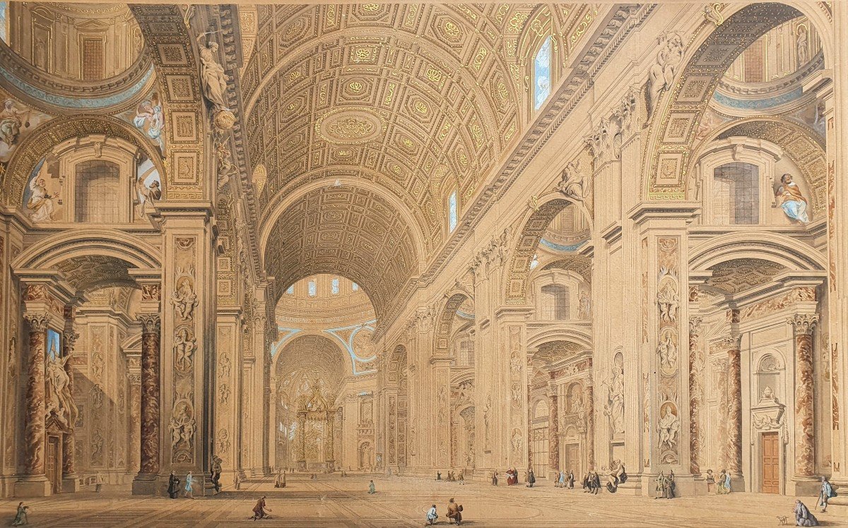 Francesco Pannini Interior Of Saint Peter Vatican Rome Watercolor And Gouache On Engraved Line 