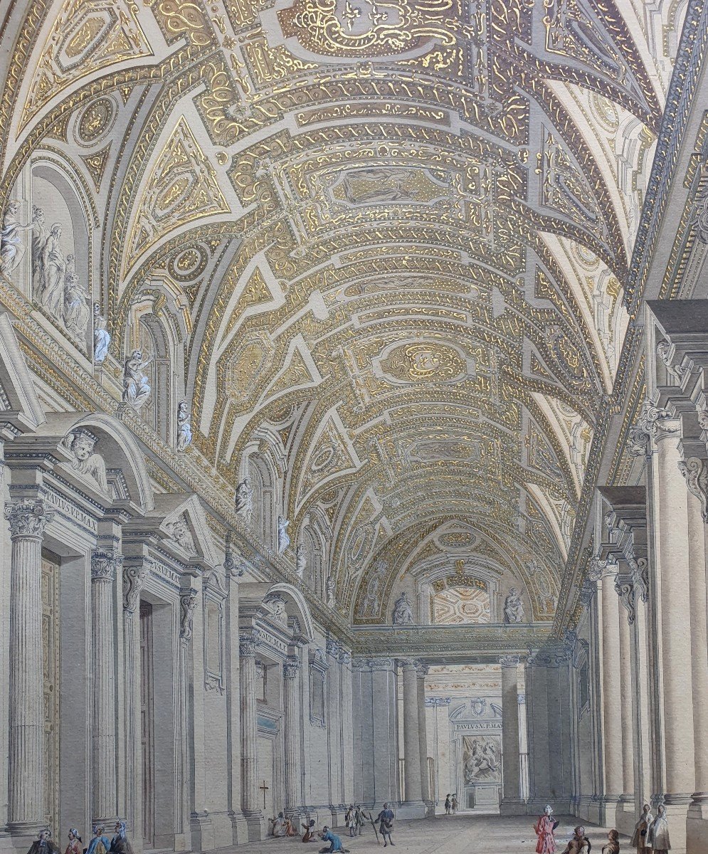 Francesco Pannini Interior Of Saint Peter Rome Watercolor And Gouache On Engraved Line -photo-3