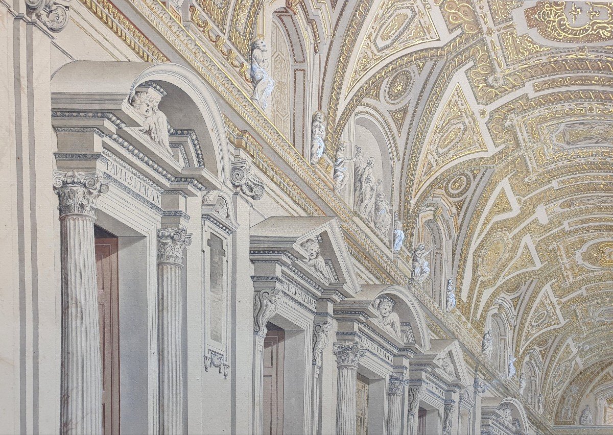 Francesco Pannini Interior Of Saint Peter Rome Watercolor And Gouache On Engraved Line -photo-6