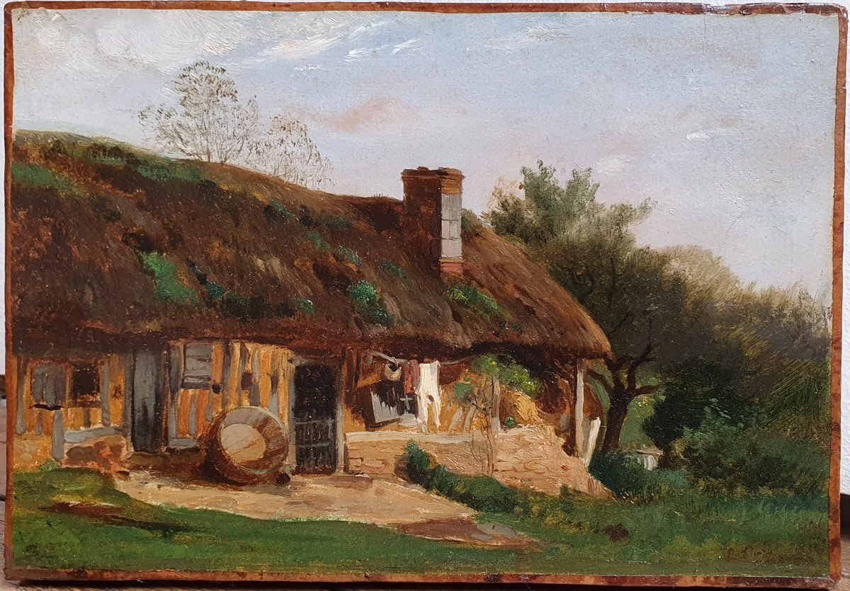 Léon Fleury Thatched Cottage Probably In Normandy Oil On Paper Mounted On Canvas 19th Century -photo-4