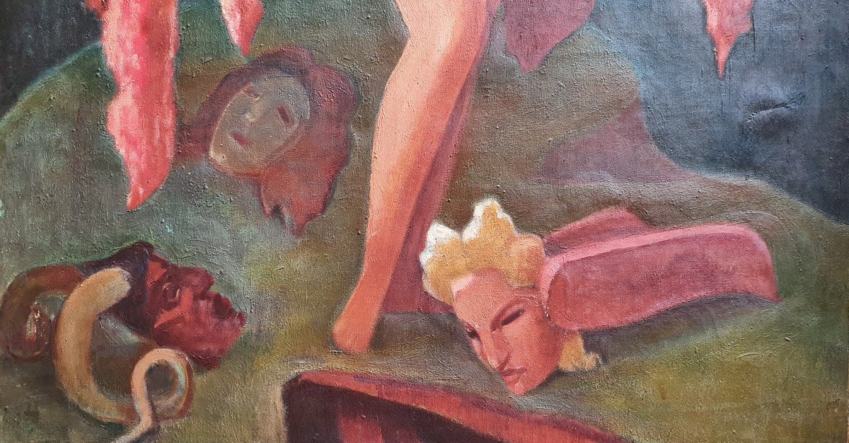 Naked Woman With Masks Around 1930 Large Oil On Canvas -photo-4