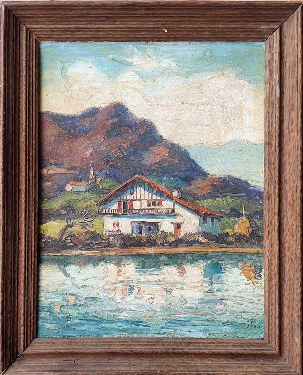 Jiva La Nivelle And La Rhune Basque Country Oil On Cardboard Pyrenees Basque House -photo-2